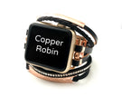Luxury apple watch band with faux black leather straps that give a bracelet style look to your apple watch. Accented with rose gold plates, crystals, and rose gold metallic finishes. Adjustable fold over clasps for easy sizing.