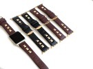 Beautiful BURGUNDY top grain genuine LEATHER, STUDDED Apple Watch Band. This watch band features a stainless steel buckle and is adorned with three metal studs on each side. Stud color choices include Silver, Gold, and Rose Gold.  This watch band fits all series of Apple Watches. Comes in sizes 38/40 and 42/44