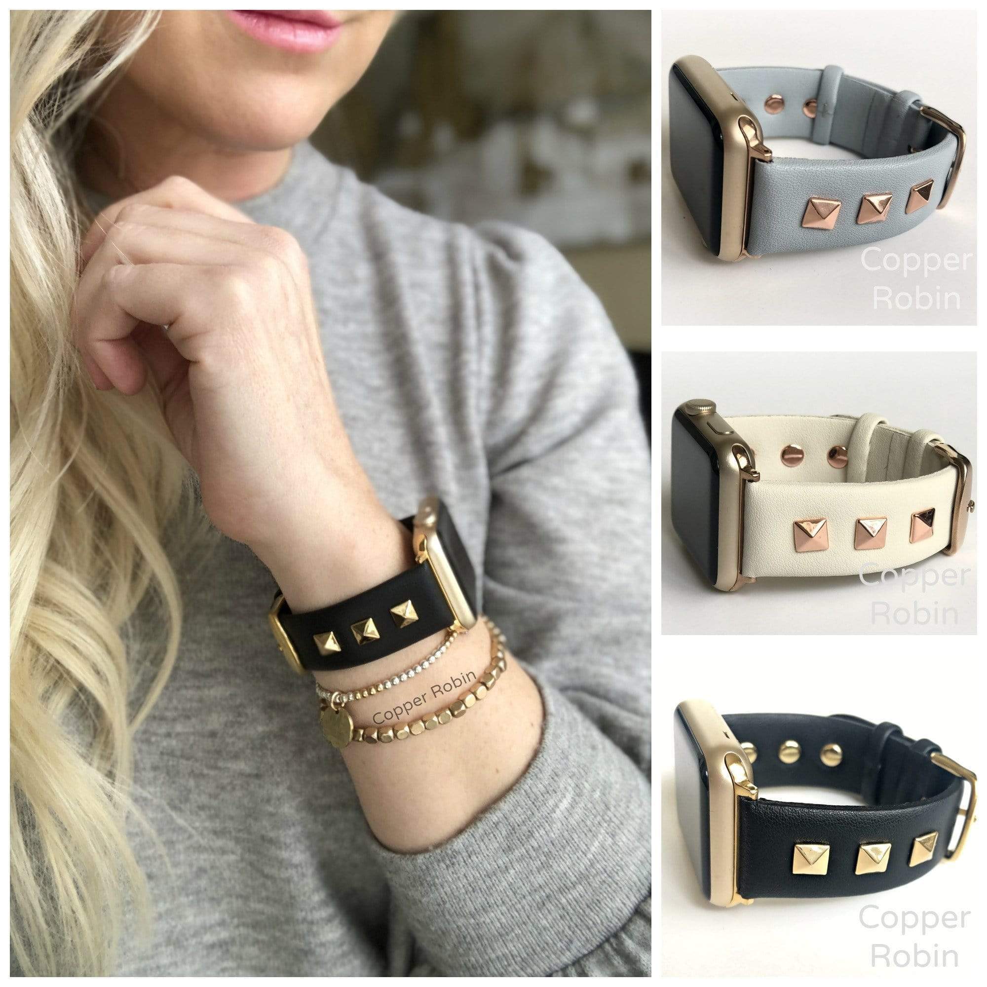 LEATHER APPLE WATCH BAND THE ROCKSTAR cream Copper Robin