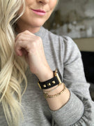 Beautiful BLACK top grain genuine LEATHER, STUDDED Apple Watch Band. This watch band features a stainless steel buckle and is adorned with three metal studs on each side. Stud color choices include Silver, Gold, and Rose Gold.  This watch band fits all series of Apple Watches. Comes in sizes 38/40 and 42/44