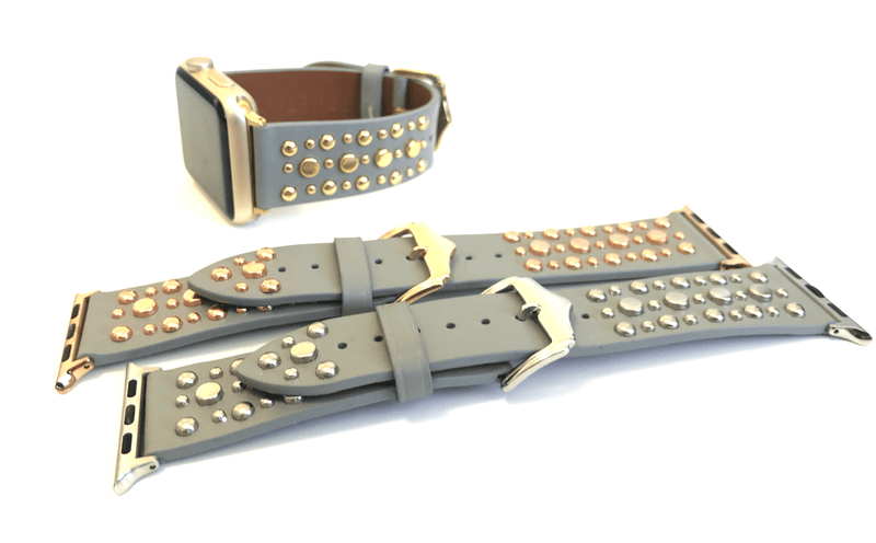 Beautiful GREY top grain genuine LEATHER, STUDDED Apple Watch Band. This watch band features a stainless steel buckle and is adorned with several flat circular studs. Stud color choices include Silver, Gold, and Rose Gold.  This watch band fits all series of Apple Watches. Comes in sizes 38/40 and 42/44