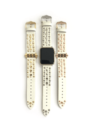Beautiful WHITE top grain genuine LEATHER, STUDDED Apple Watch Band. This watch band features a stainless steel buckle and is adorned with several flat circular studs. Stud color choices include Silver, Gold, and Rose Gold.  This watch band fits all series of Apple Watches. Comes in sizes 38/40 and 42/44