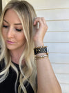 Beautiful BLACK top grain genuine LEATHER, STUDDED Apple Watch Band. This watch band features a stainless steel buckle and is adorned with several flat circular studs. Stud color choices include Silver, Gold, and Rose Gold.  This watch band fits all series of Apple Watches. Comes in sizes 38/40 and 42/44