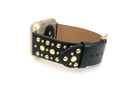 Beautiful BLACK top grain genuine LEATHER, STUDDED Apple Watch Band. This watch band features a stainless steel buckle and is adorned with several flat circular studs. Stud color choices include Silver, Gold, and Rose Gold.  This watch band fits all series of Apple Watches. Comes in sizes 38/40 and 42/44
