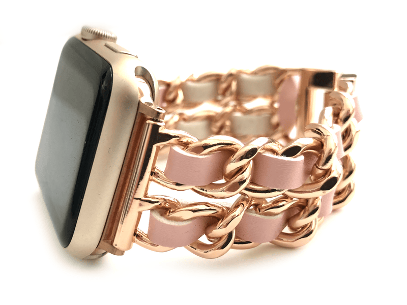 The Designer Apple Watch Band consists of soft leather woven through hypo-allergenic stainless steel chains give us all 'The Designer' feels possible! Available in 6 colors Fits wrist Sizes: 5.5"- 7.5"