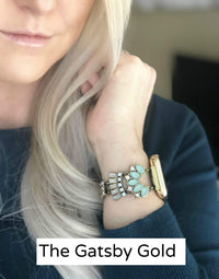 Gold jeweled apple watch band with mint, clear, opal and amber glass crystals. All crystals paced in an unique 1920 inspired pattern that lead to size adjustable clasps. This beautiful band fits all series of apple watches in sizes 38, 40, 42, and 44