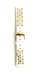 Beautiful WHITE top grain genuine LEATHER STUDDED watch band. This watch band features a stainless steel buckle and is adorned with several flat circular metal studs on each side. Stud color choices include Silver, Gold, and Rose Gold. This watch band features a quick release spring bar and is a perfect fit for the Samsung watch. 