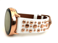 Beautiful WHITE top grain genuine LEATHER STUDDED watch band. This watch band features a stainless steel buckle and is adorned with several flat circular metal studs on each side. Stud color choices include Silver, Gold, and Rose Gold. This watch band features a quick release spring bar and is a perfect fit for the Samsung watch. 