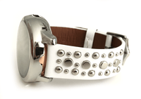 Beautiful WHITE top grain genuine LEATHER STUDDED watch band. This watch band features a stainless steel buckle and is adorned with several flat circular metal studs on each side. Stud color choices include Silver, Gold, and Rose Gold. This watch band features a quick release spring bar and is a perfect fit for the Samsung watch. 