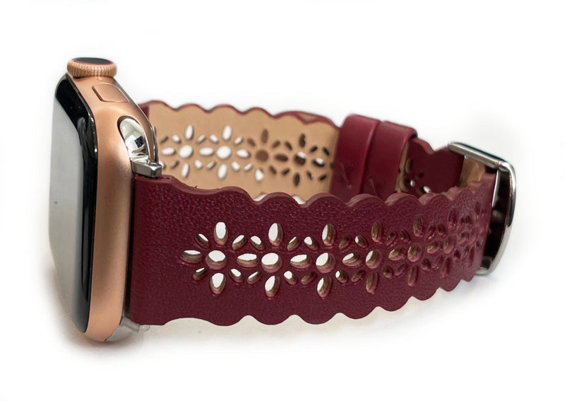 Leathered Lace, Silver Laser Cut Leather Watch Band for Apple Watch